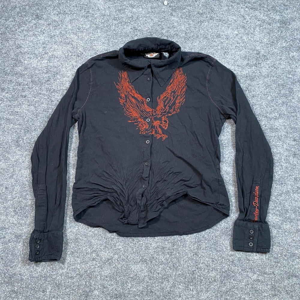 Harley-Davidson Womens XL Black Rhinestone Eagle Button Up Shirt Biker Top